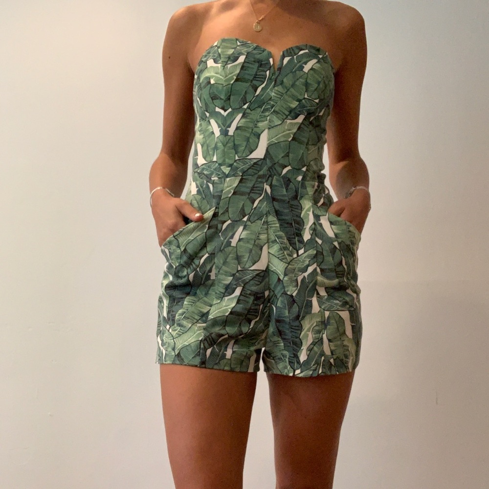 H&M palm leaf print strapless romper